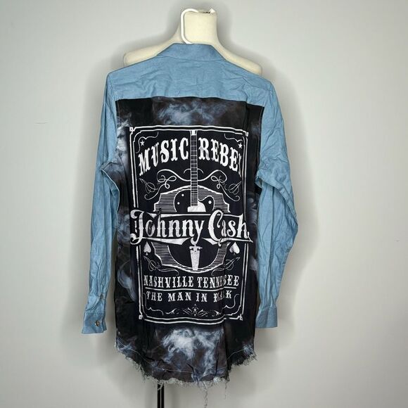Bellisima Designs- Blue Button Down with Frayed Edges & Johnny Cash Back Graphic - Picture 1 of 2
